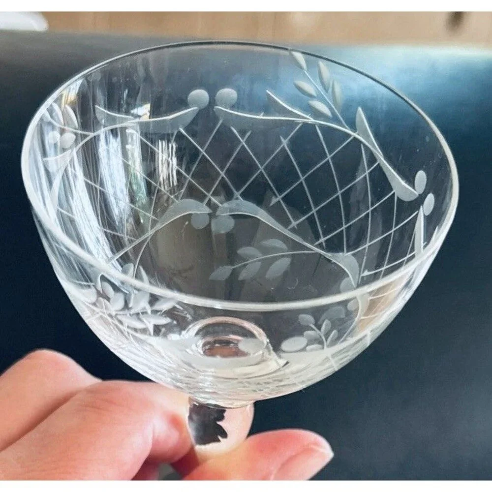 Vintage 1940 Elegant Hand‎ Engraved Czech Bohemian Crystal Coupes